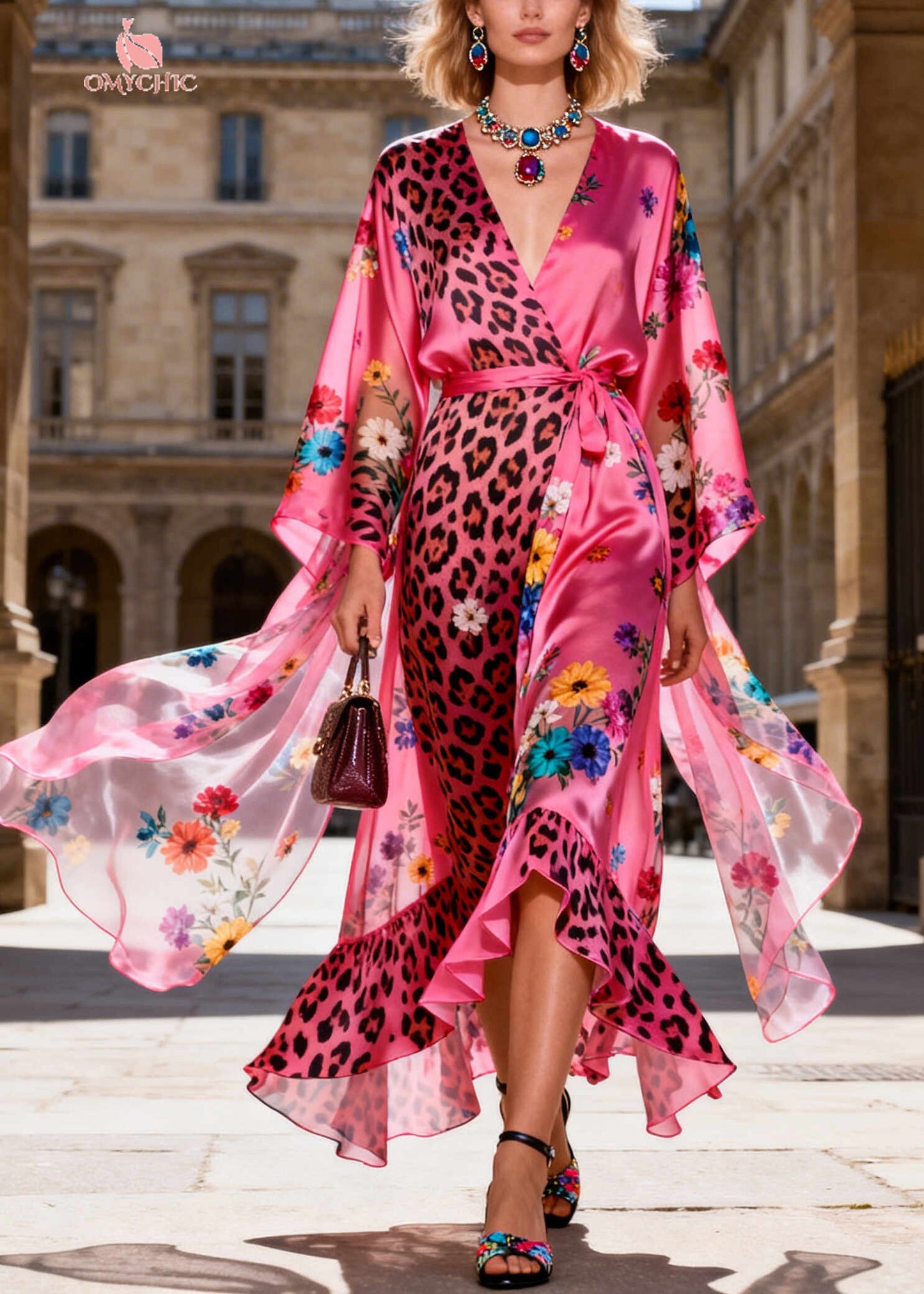 Bohemian Pink Tie Waist Print Chiffon Maxi Dresses Summer