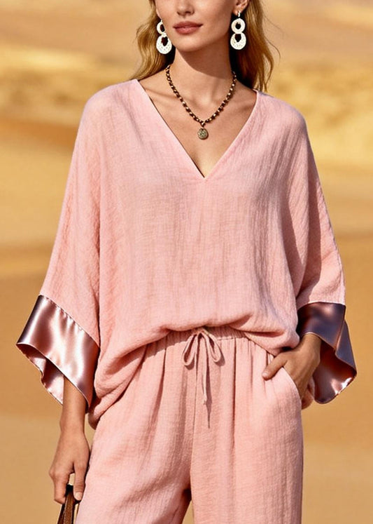 Bohemian Pink V Neck Patchwork Cotton Two Pieces Set Spring