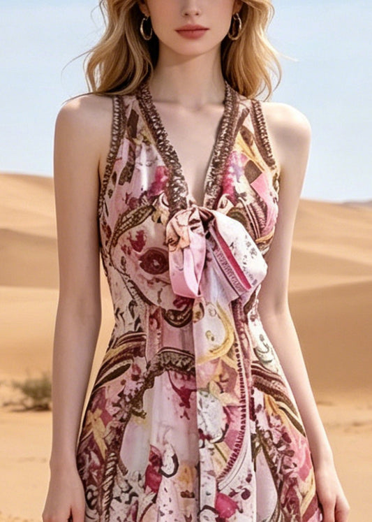 Bohemian Pink V Neck Print Chiffon Beach Dress Summer