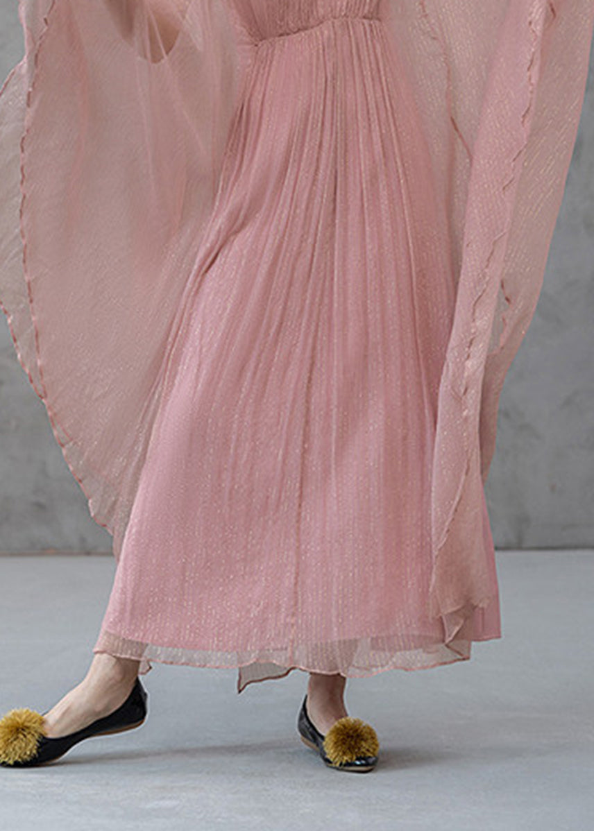 Bohemian Pink V Neck Wrinkled Lurex Vacation Dress Fall
