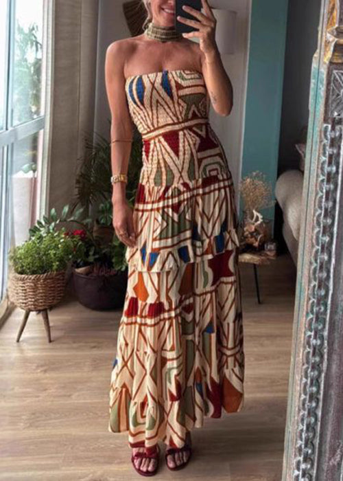 Bohemian Print Cold Shoulder Patchwork Cotton Long Dress Sleeveless