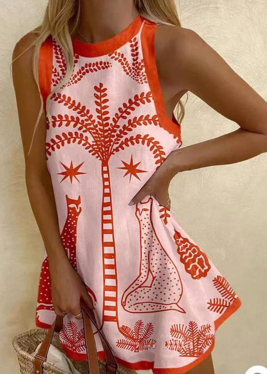 Bohemian Print Linen A Line Mini Dress Sleeveless