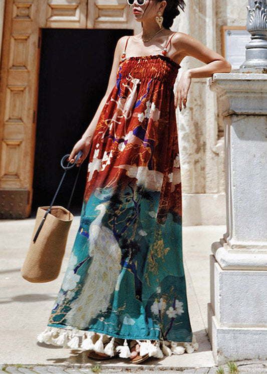 Bohemian Print Wrinkled Long Spaghetti Strap Dress Sleeveless