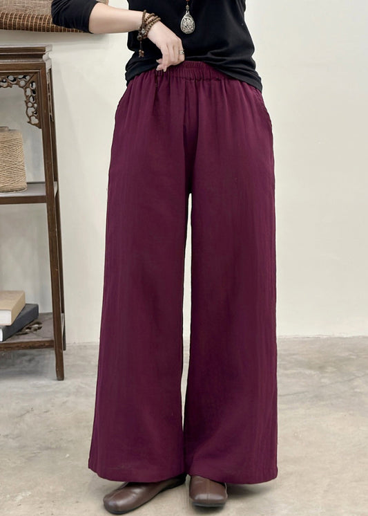 Bohemian Purple Elastic Waist Pockets Linen Pants Summer