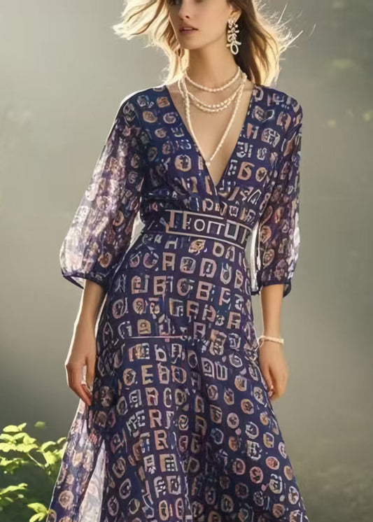 Bohemian Purple V Neck Print Chiffon Mid Dress Bracelet Sleeve