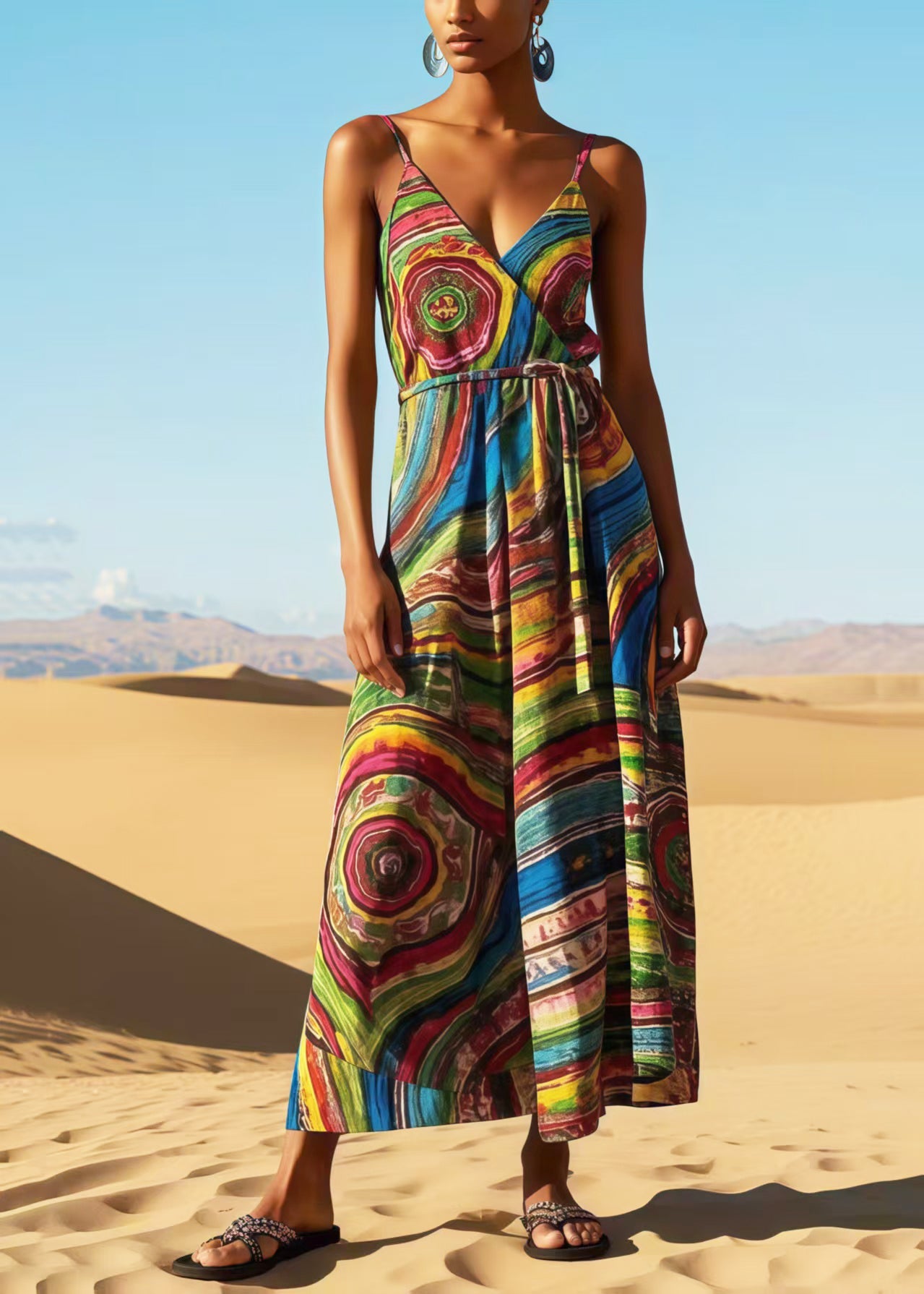 Bohemian Rainbow Print Cotton Sundress Summer