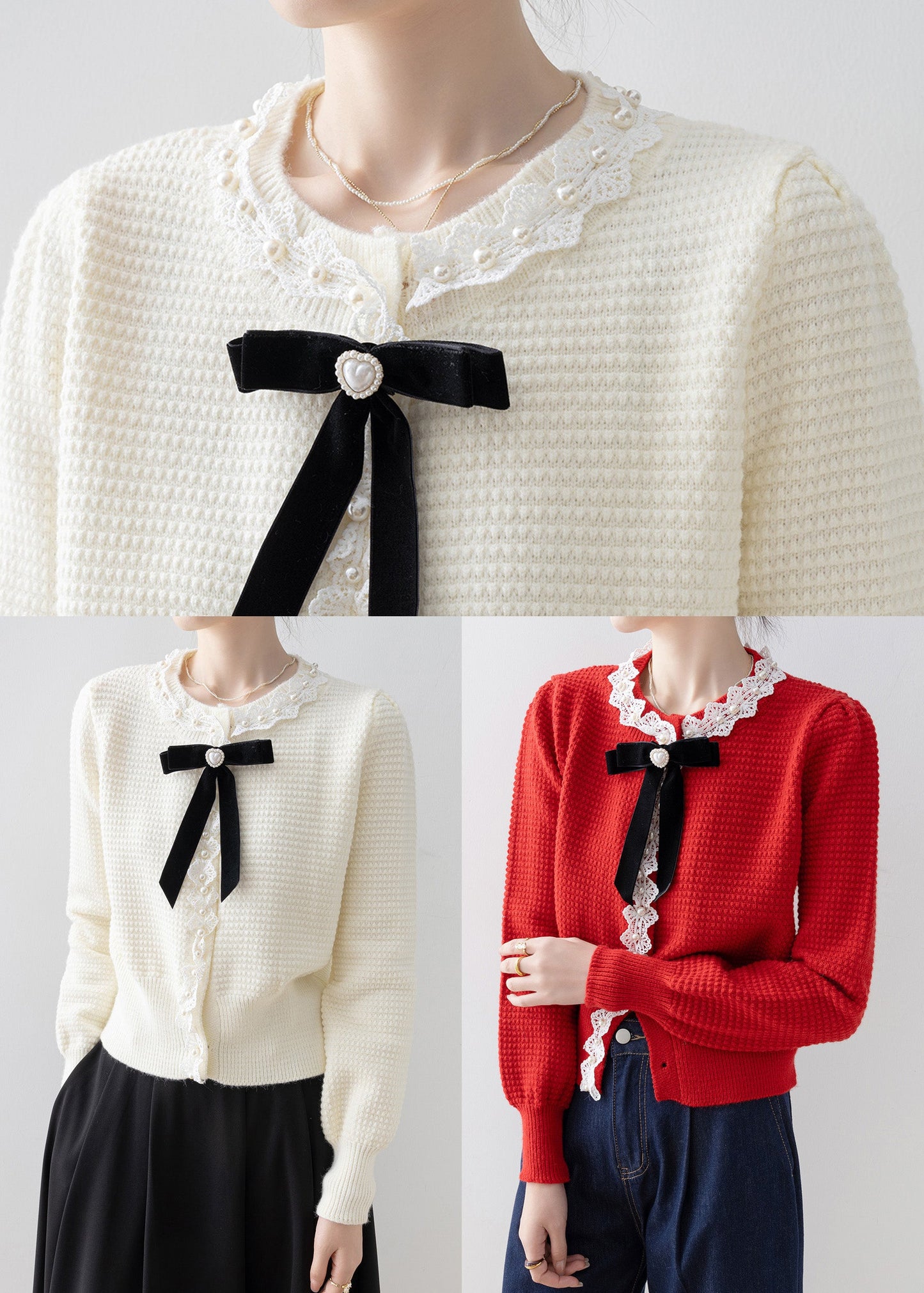 Bohemian Red Bow Nail Bead Knit Cardigan Winter