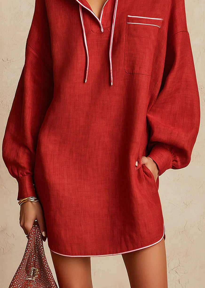 Bohemian Red Contrast Piping Hooded Drawstring Mini Dress Fall