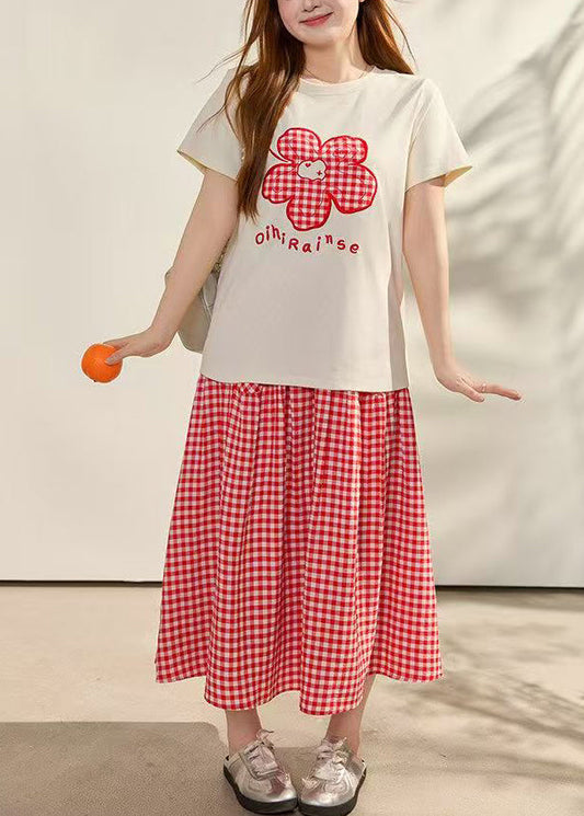Bohemian Red Embroidered Plaid Cotton Two Piece Set Summer
