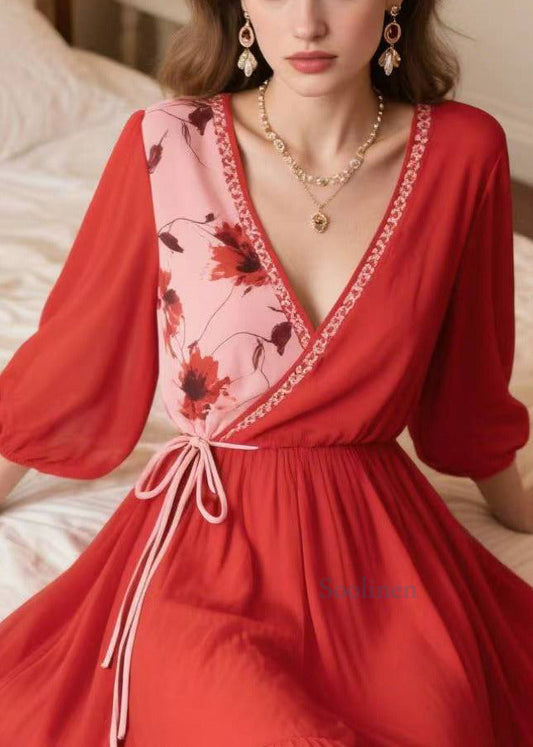 Bohemian Red Exra Large Hem Patchwork Chiffon Vacation Dress Summer