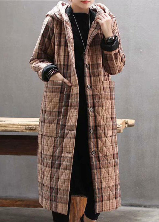 Bohemian Red Hooded Plaid Pockets Fine Cotton Filled Long Coat Outwear Winter