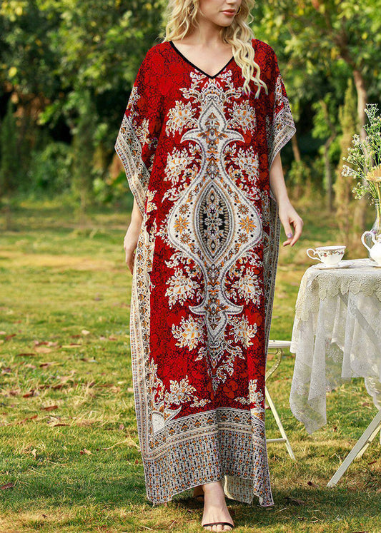 Bohemian Red Maxi Dress V Neck Print Summer