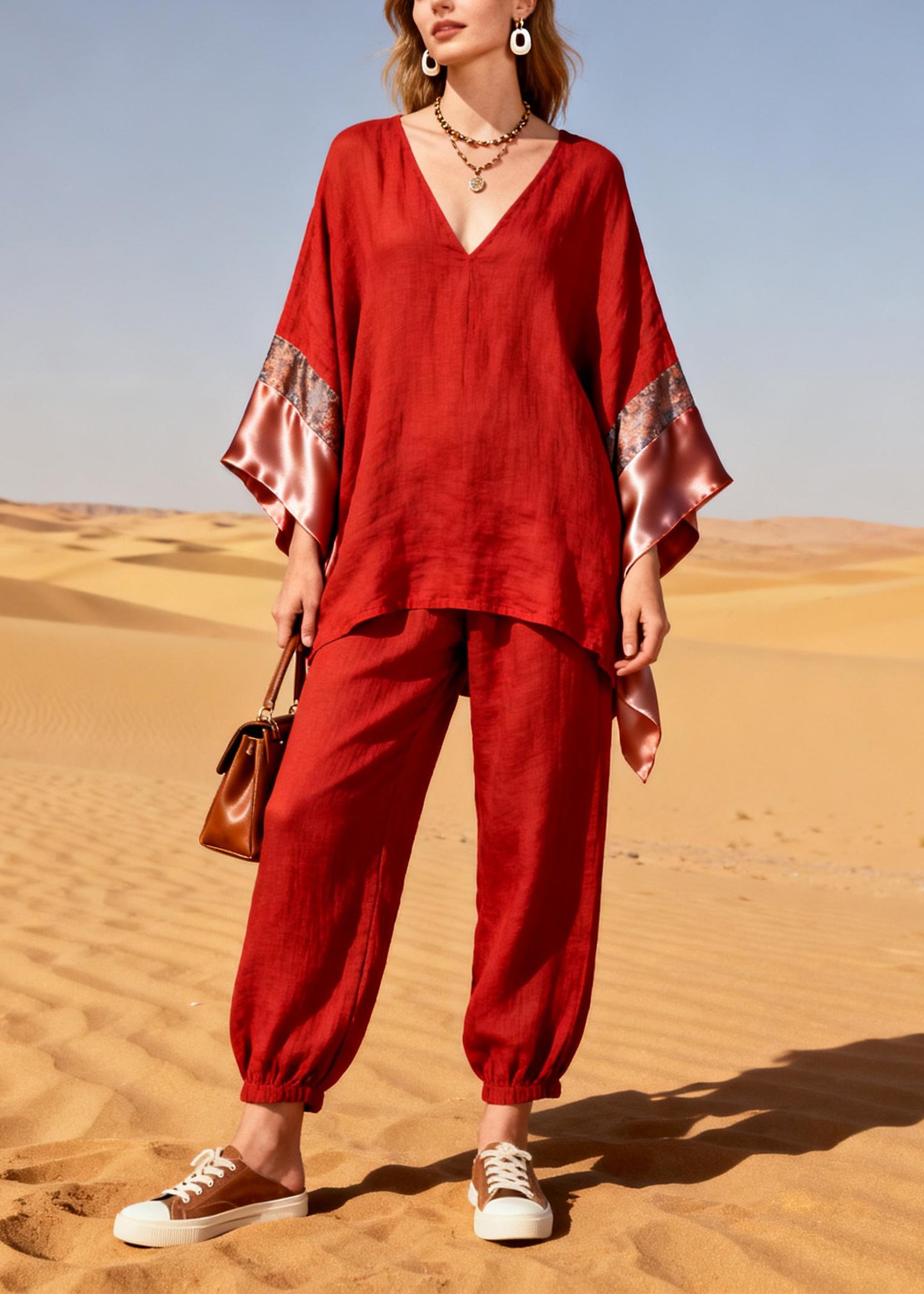 Bohemian Red Oversized Patchwork Linen Silk Two Piece Suit Set Spring