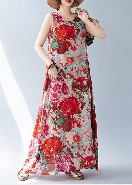 Bohemian Red Oversized Print Cotton Holiday Dress Sleeveless