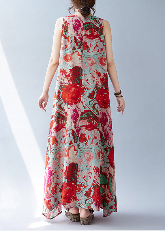 Bohemian Red Oversized Print Cotton Holiday Dress Sleeveless