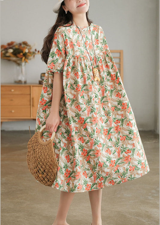 Bohemian Red Print O-Neck Cotton Beach Dresses Short Sleeve