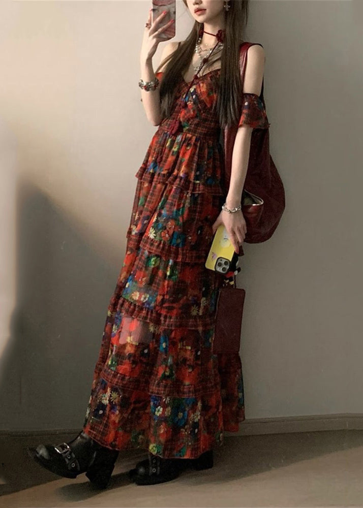 Bohemian Red V Neck Print Holiday Long Dresses Summer