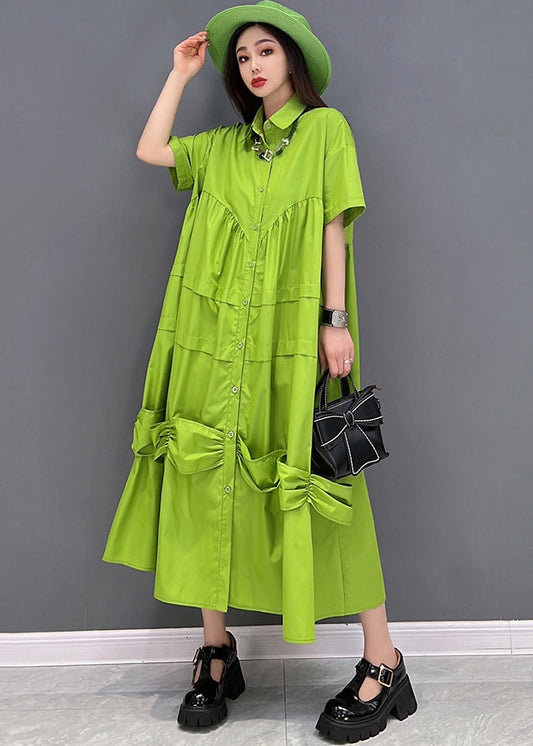 Bohemian Solid Green Peter Pan Collar Patchwork Oversized Dress Short Sleeve