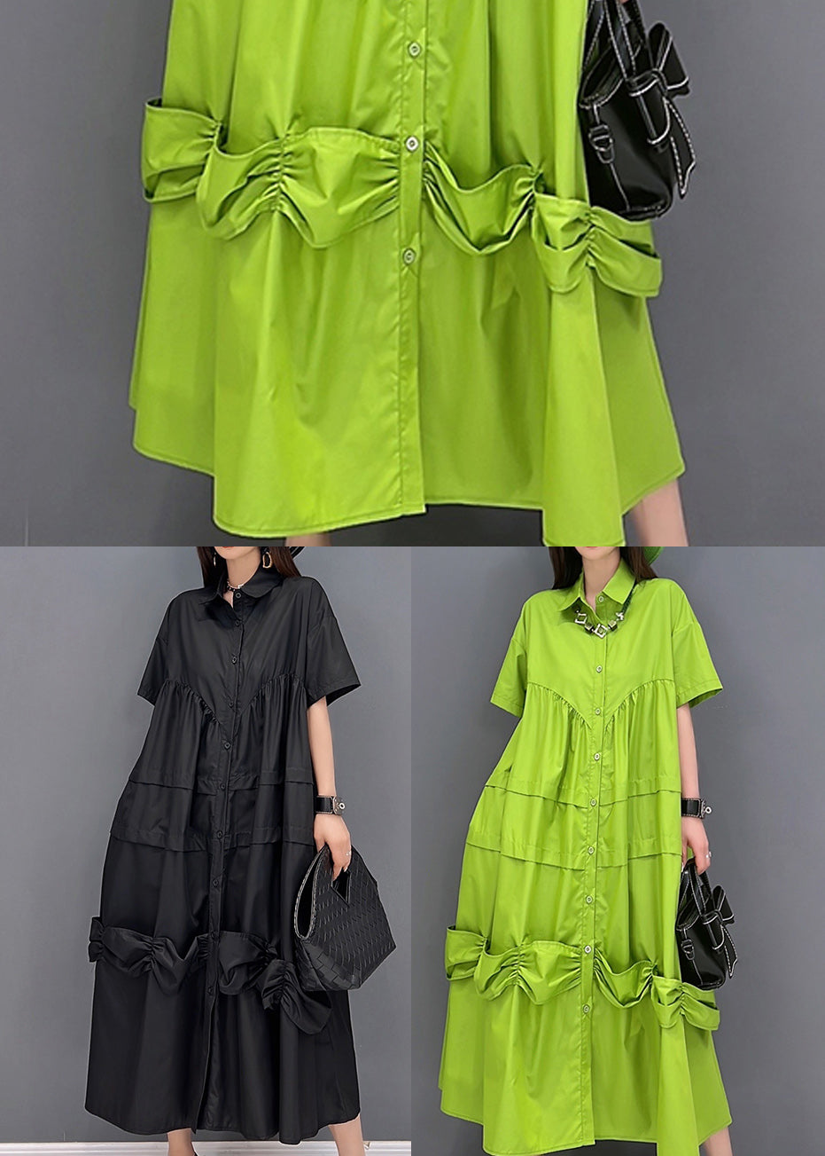 Bohemian Solid Green Peter Pan Collar Patchwork Oversized Dress Short Sleeve