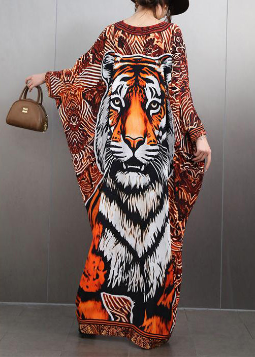 Bohemian V Neck Animal Print Maxi Dresses Batwing Sleeve