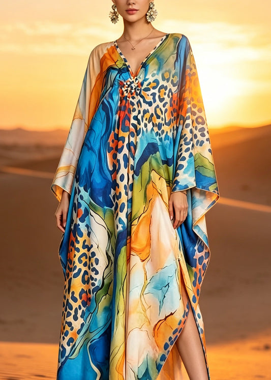 Bohemian V Neck Print Cotton Vacation Maxi Dresses Batwing Sleeve