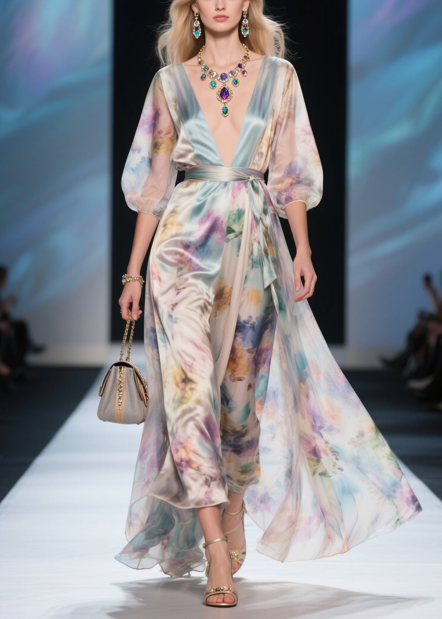 Bohemian V Neck Tie Waist Silk Maxi Dress Summer