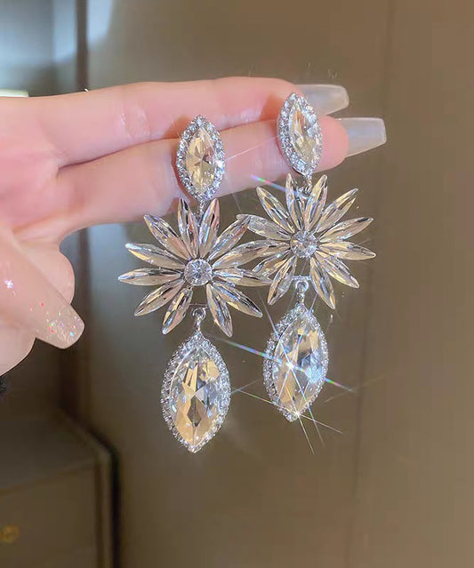 Bohemian White Alloy Zircon Floral Water Droplet Drop Earrings
