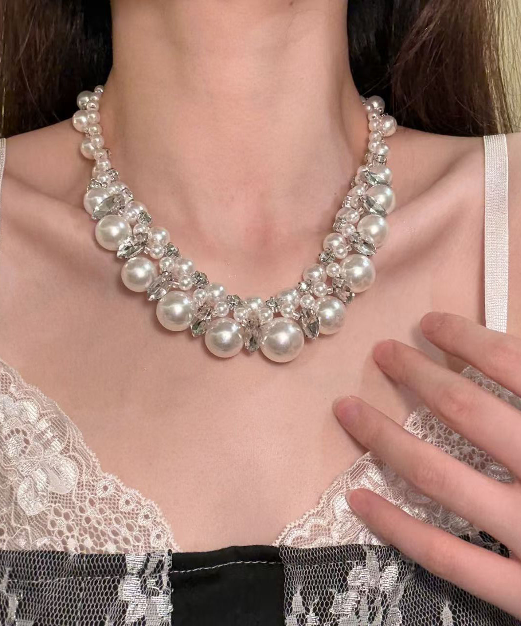 Bohemian White Alloy Zircon Pearl Beading Collar Necklace