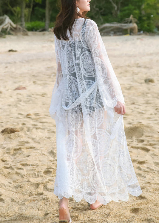 Bohemian White Embroidered Tie Waist Lace Loose Cardigans Summer
