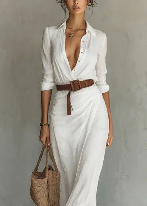 Bohemian White Peter Pan Collar Wrinkled Button Maxi Dresses Long Sleeve