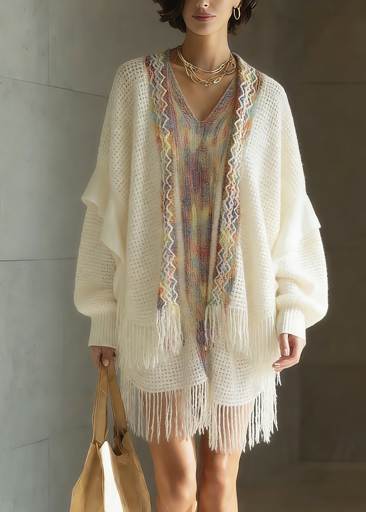 Bohemian White Print Patchwork Tassel Knit Cardigan Spring