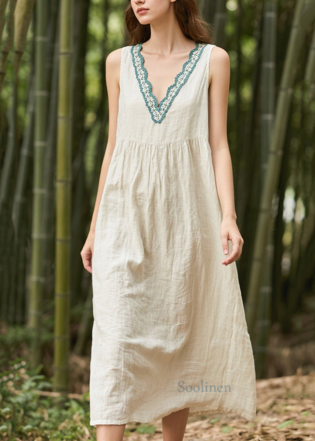 Bohemian White V Neck Patchwork Linen Straight Dress Sleeveless