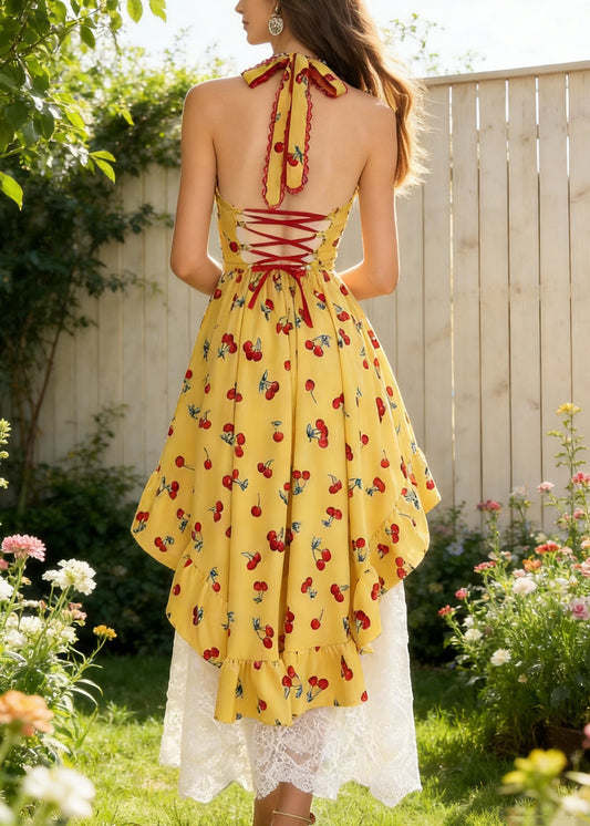 Bohemian Yellow Backless Print Spaghetti Strap Dress And White Lace Skirt Cotton Two Piece Set Sleeveless