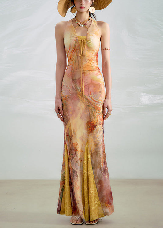 Bohemian Yellow Lace Up Print Lace Ankle Dress Summer