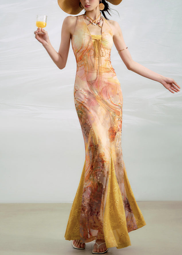 Bohemian Yellow Lace Up Print Lace Ankle Dress Summer