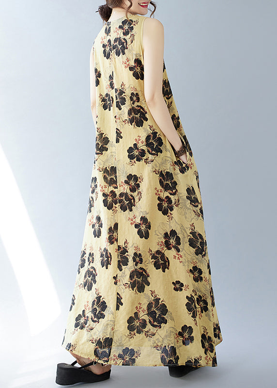 Bohemian Yellow Oversized Print Cotton Dresses Sleeveless