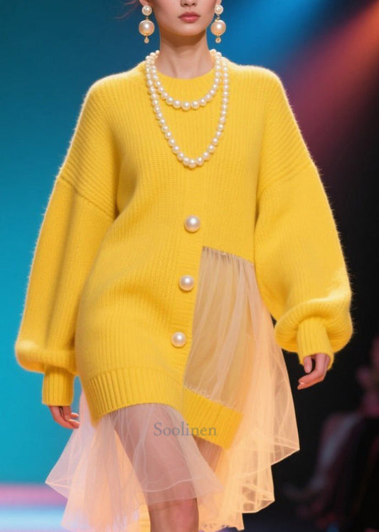 Bohemian Yellow Pearl Patchwork Tulle Sweater Dress Winter