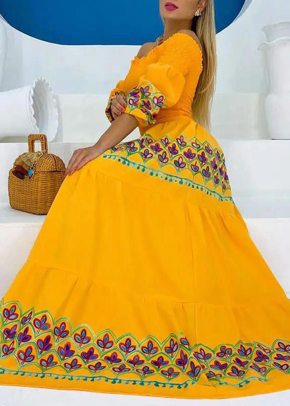 Bohemian Yellow Slash Neck Print Cotton Maxi Dresses Summer