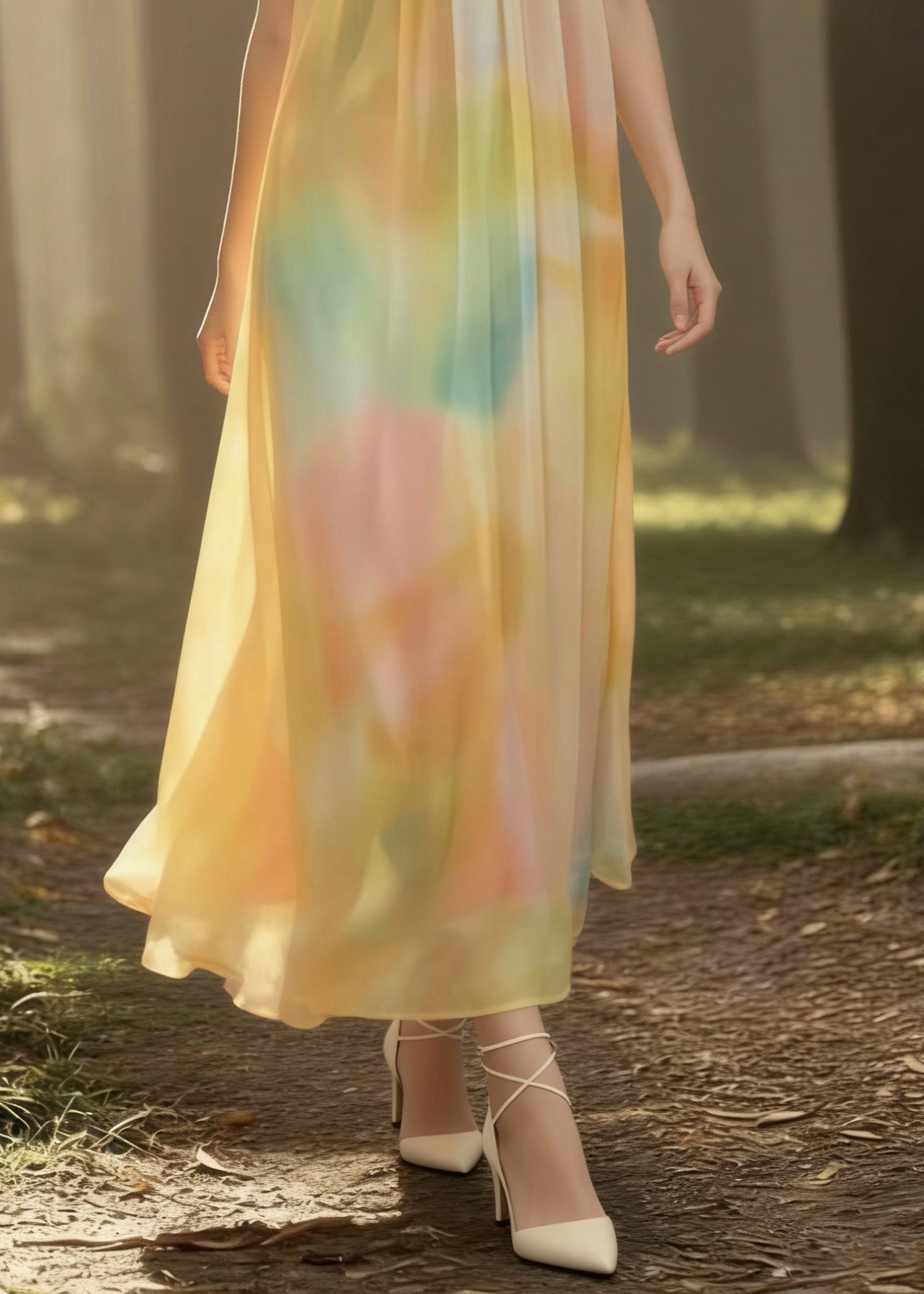 Bohemian Yellow Tie Dye Backless Chiffon Spaghetti Strap Dress Sleeveless