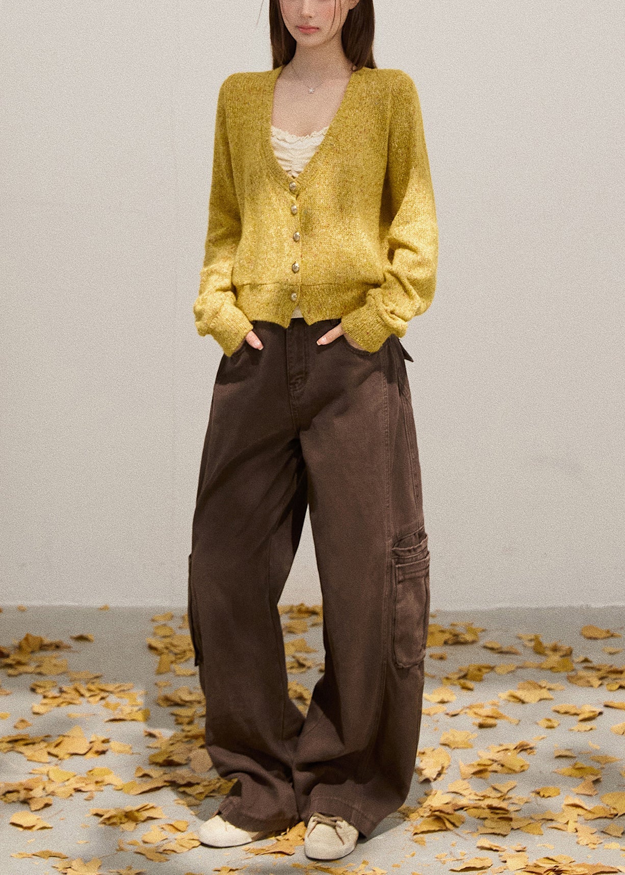 Bohemian Yellow V Neck Button Down Knit Cardigans Fall