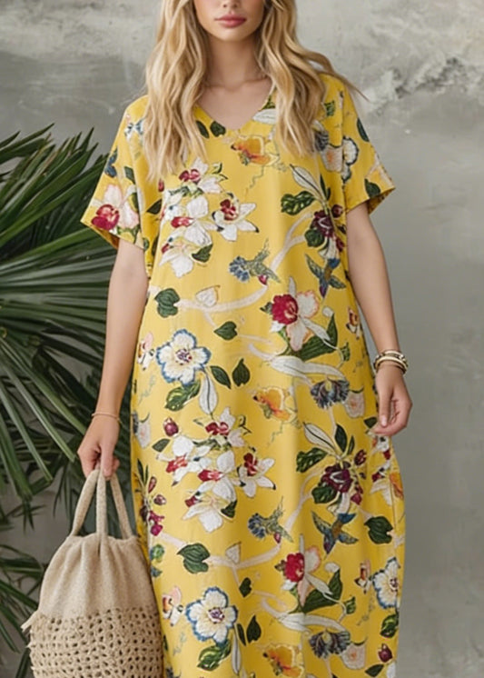 Bohemian Yellow V Neck Print Loose Cotton Dress Summer