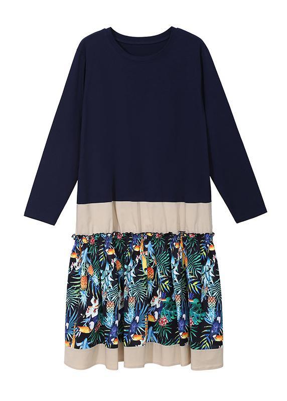 Bohemian black cotton tunic pattern o neck long patchwork Dresses - SooLinen