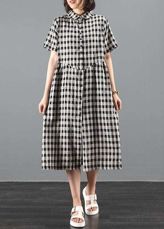 Bohemian lapel Cinched summer dress Work black plaid Maxi Dresses - SooLinen