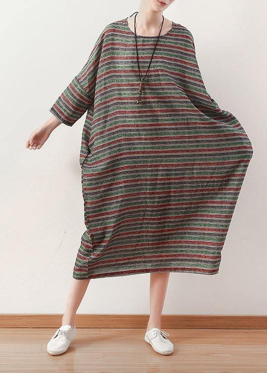 Bohemian o neck Batwing Sleeve linen dress pattern green striped Dress - SooLinen