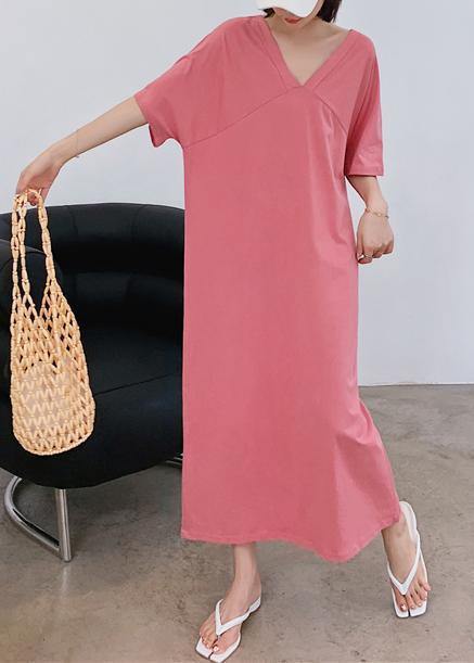 Bohemian red clothes v neck back side open A Line summer Dress - SooLinen