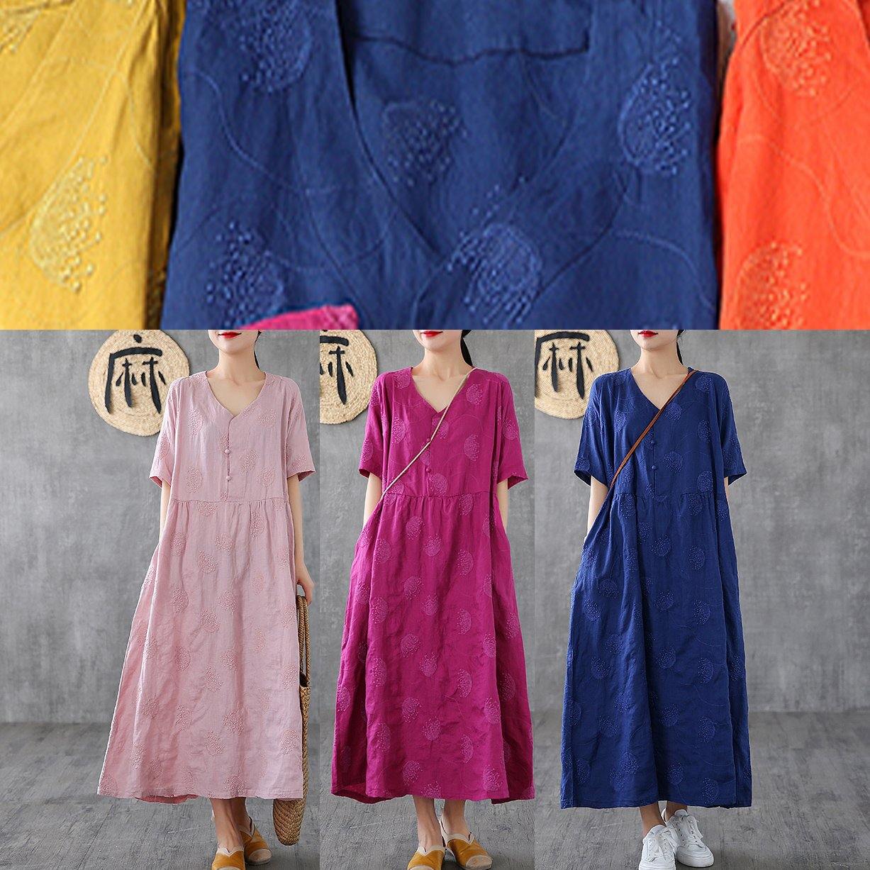 Bohemian v neck embroidery linen dresses Tutorials navy Dress - SooLinen