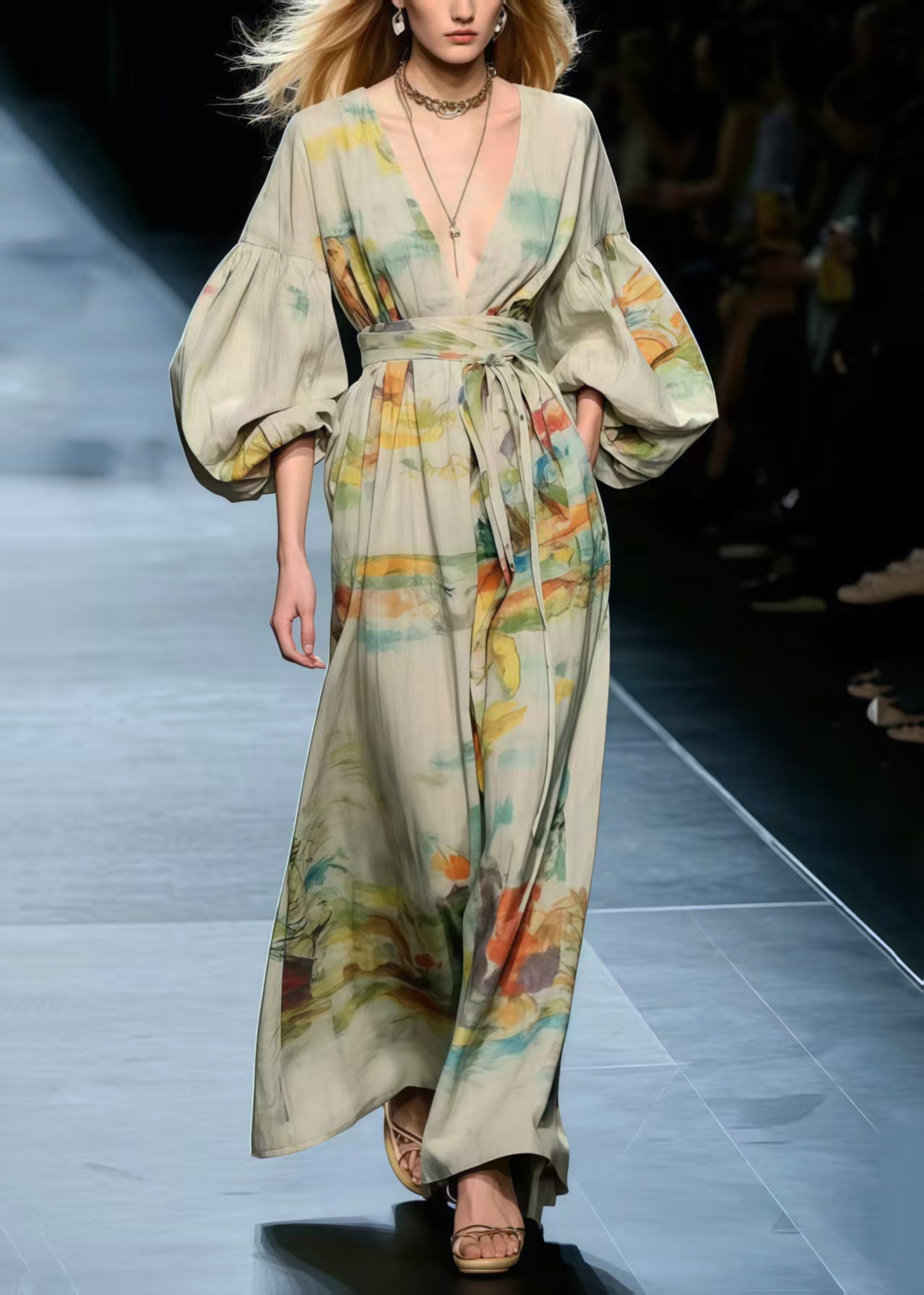 Boho Apricot Cinched Print Cotton Long Dress Lantern Sleeve