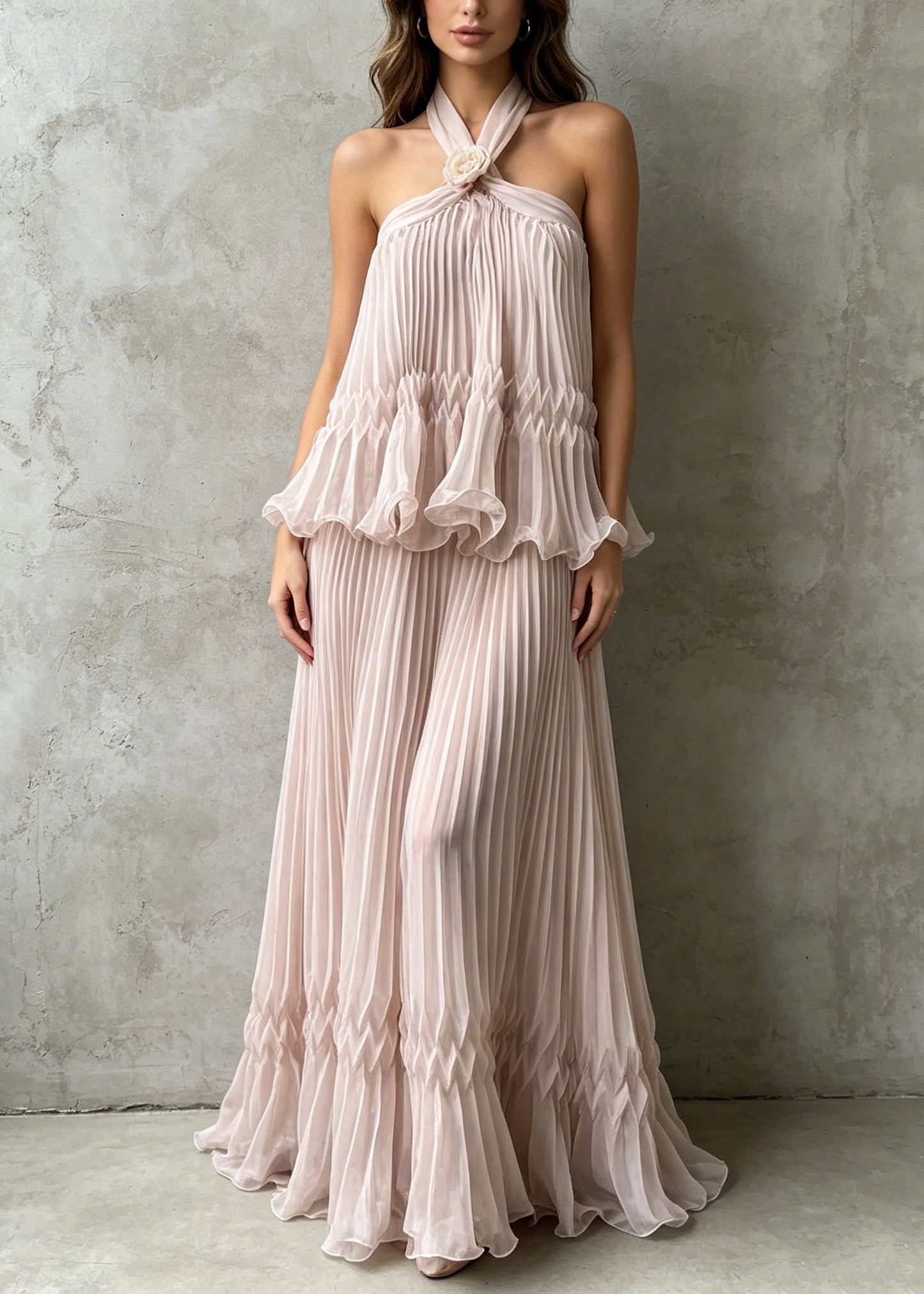Boho Apricot Halter Backless Wrinkled Chiffon Party Dress Summer