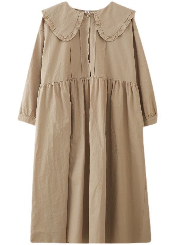 Boho Apricot Ruffled Patchwork Button Fall Dress Long sleeve