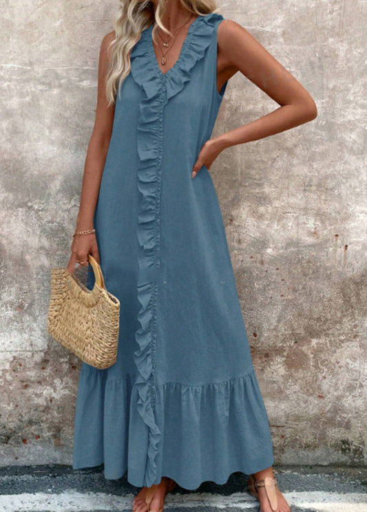 Boho Apricot V Neck Ruffled Patchwork Maxi Dresses Summer